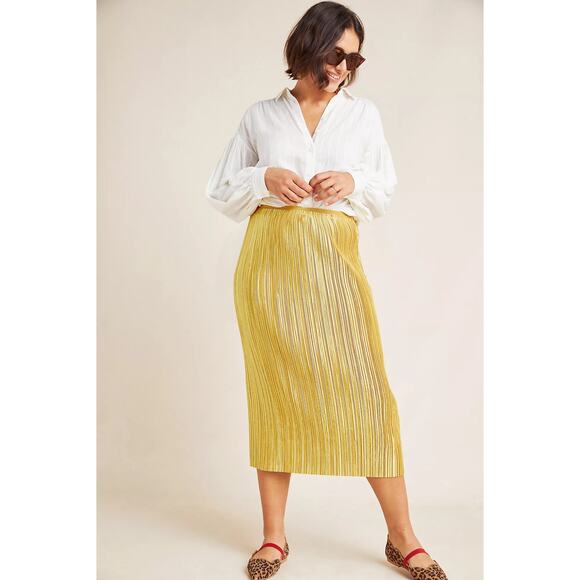 Anthropologie Maeve Domi‎ Gold Foil Pleated Midi Skirt 2 Event Party Holiday - Picture 1 of 10